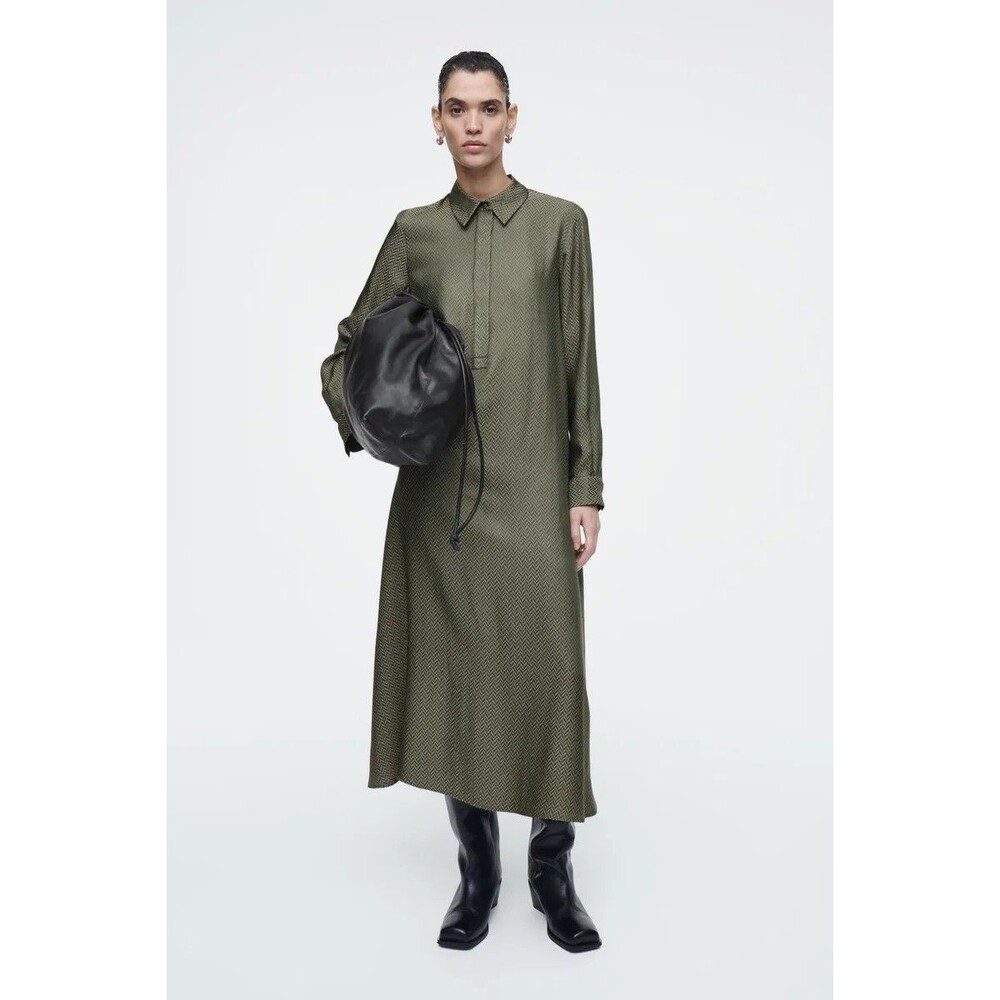 COS NWT Herringbone Jacquard Maxi Shirt Dress Green Size 4 Menswear Relaxed